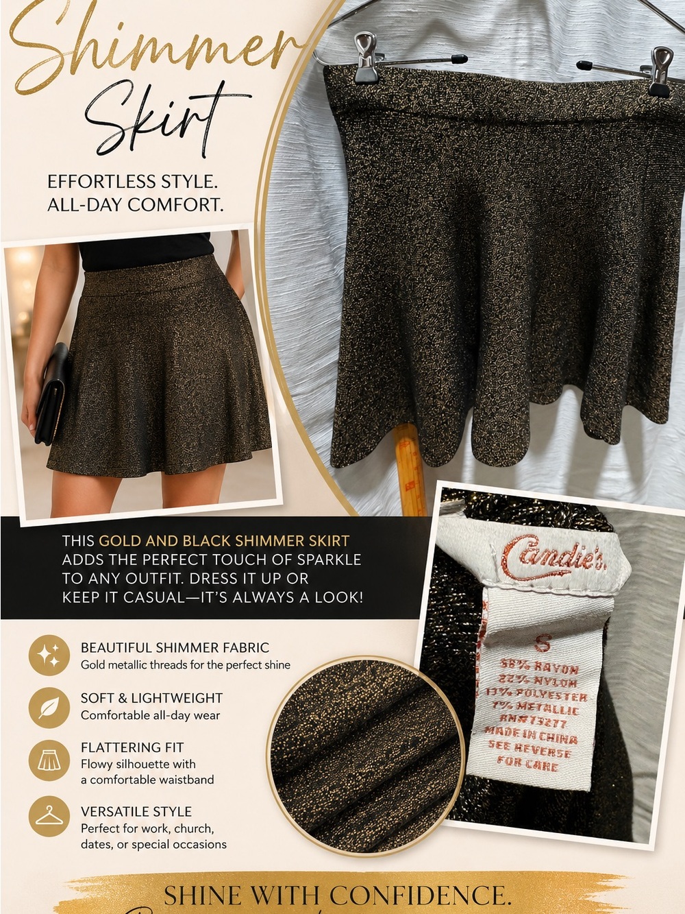 Candie's Black and Gold Metallic Flared Skirt Size Small
